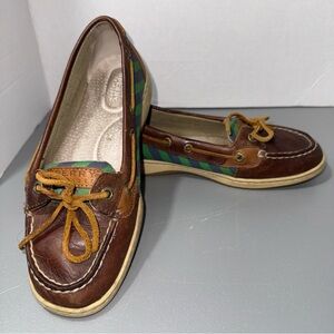 Sperry Brown Leather Moccasins with Green & Navy Striped Accent